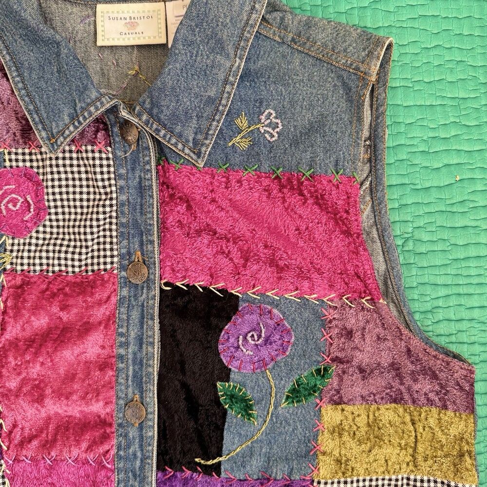 Susan Bristol P L Floral Hand Embroidered Patchwork Denim Vest Y2K 90s Vintage - Picture 15 of 16